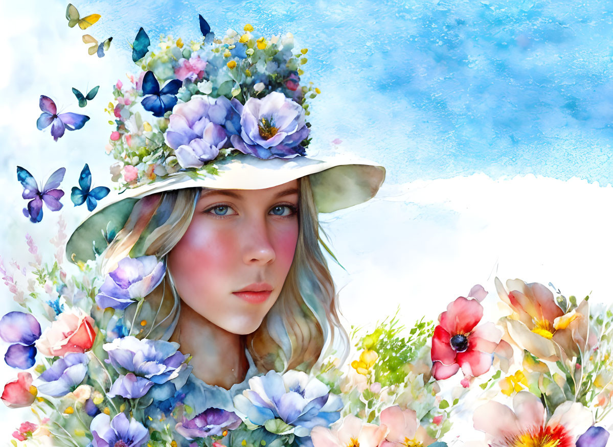 Portrait of girl with blue eyes in flower-adorned hat, butterflies on blue watercolor background