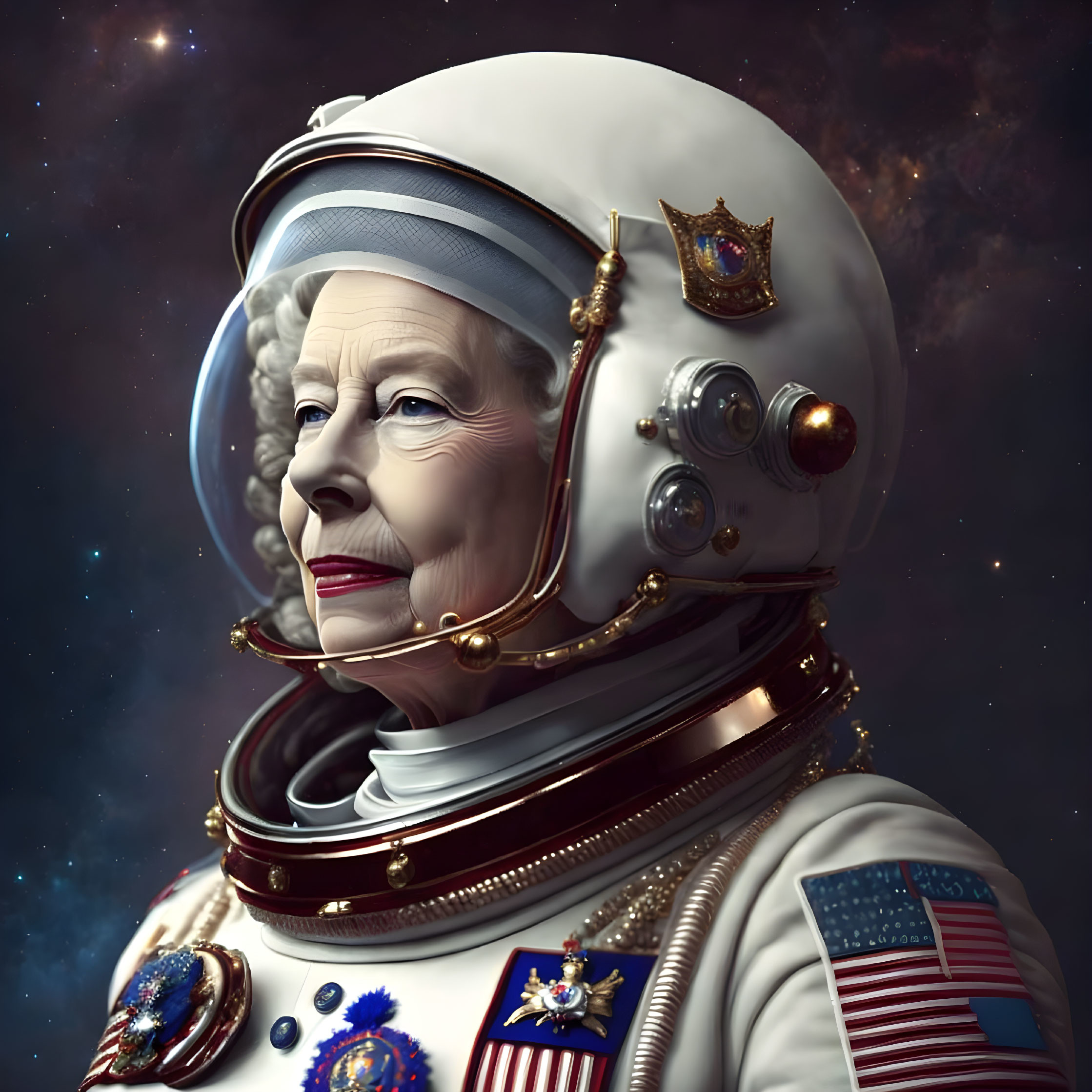 Astronaut in detailed suit with open visor, cosmic starry background