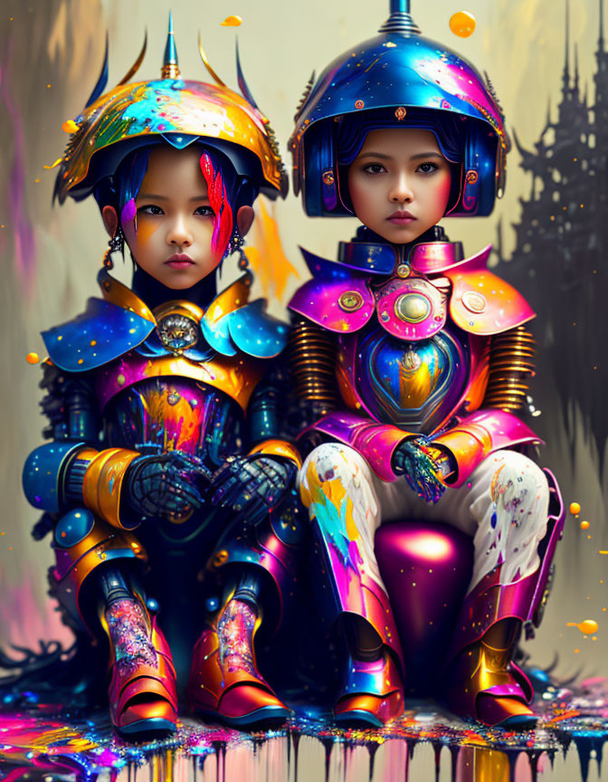 Children in vibrant futuristic armor with intricate designs and colorful paint posing with steely gaze