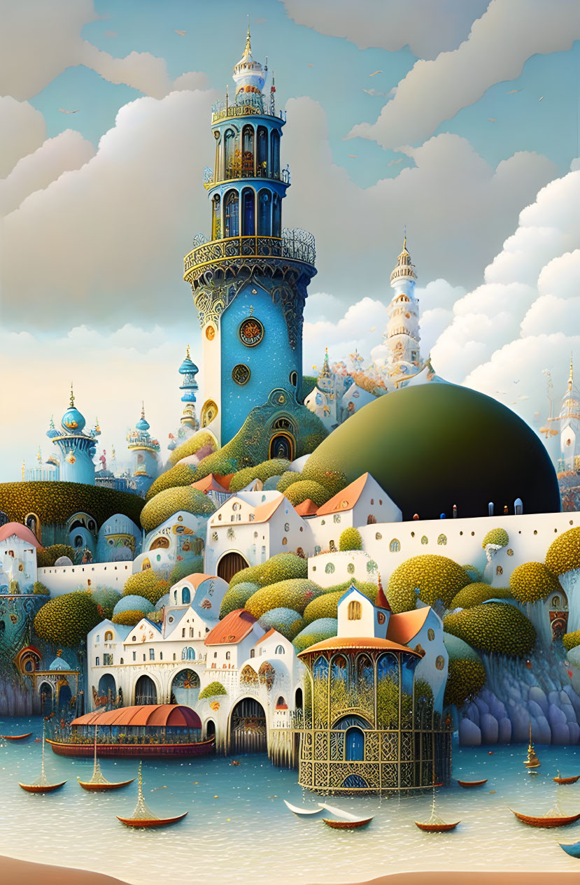 Whimsical cityscape with domes, towers, and coastal scene.