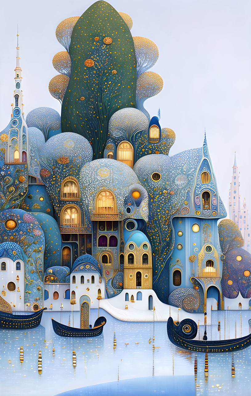 Fantastical cityscape illustration with ornate buildings and pastel colors