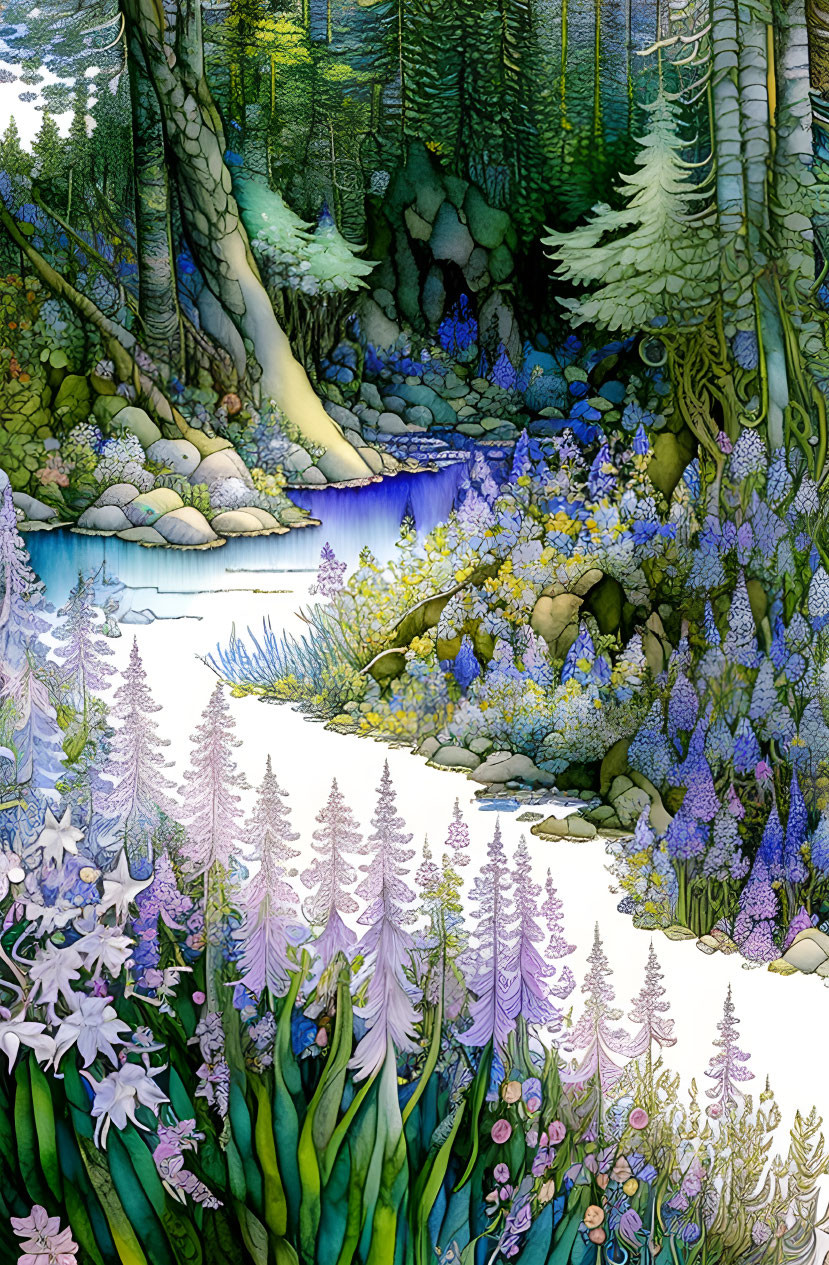 Detailed illustration of mystical forest with purple flowers, lush greenery, stream