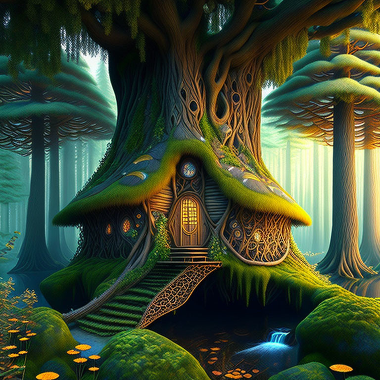 Fantasy treehouse illustration in lush forest with intricate details