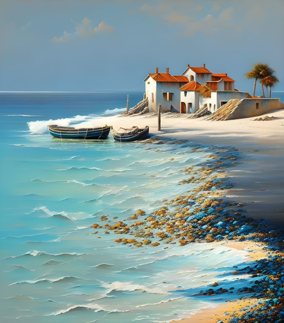 Tranquil beach scene with white boat and orange-roofed building by glittering blue sea