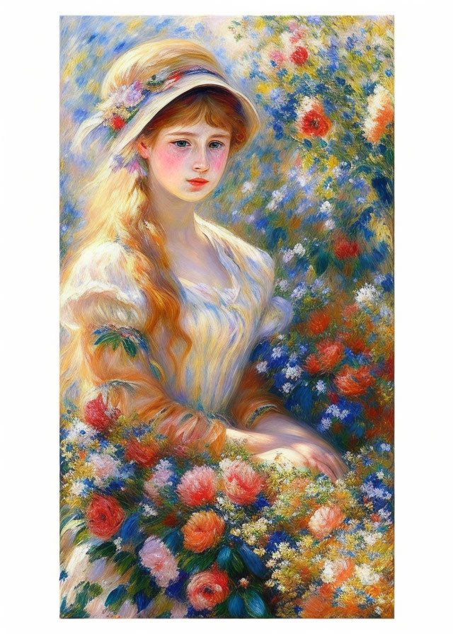 Vibrant Flowers Surround Young Woman in Elaborate Hat