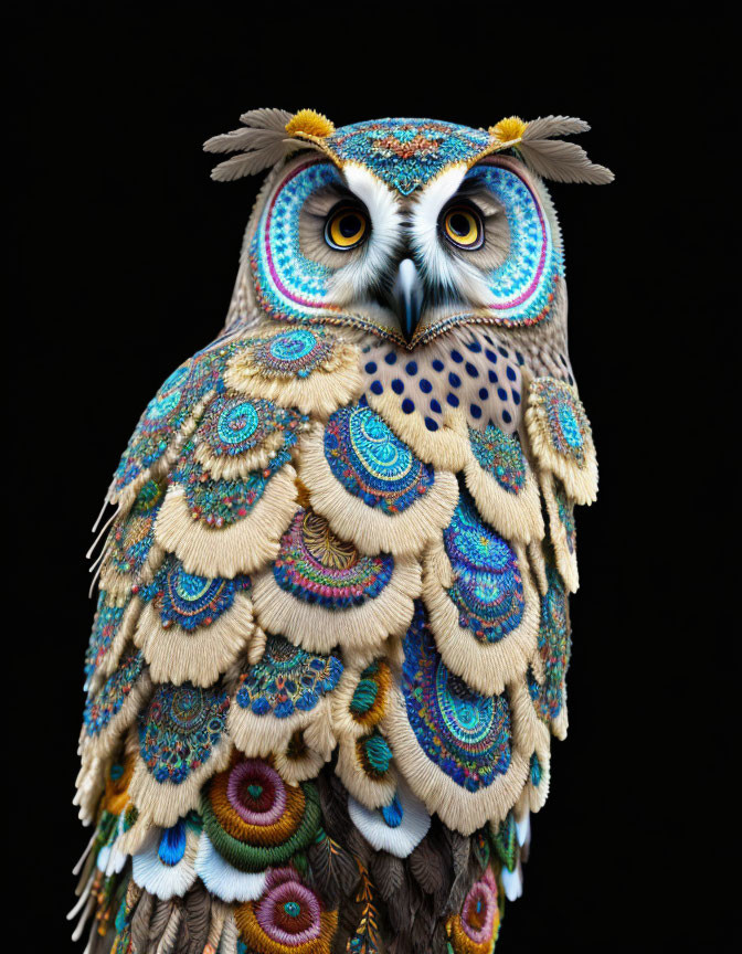 Vibrant owl art with peacock feather-like plumage on black background