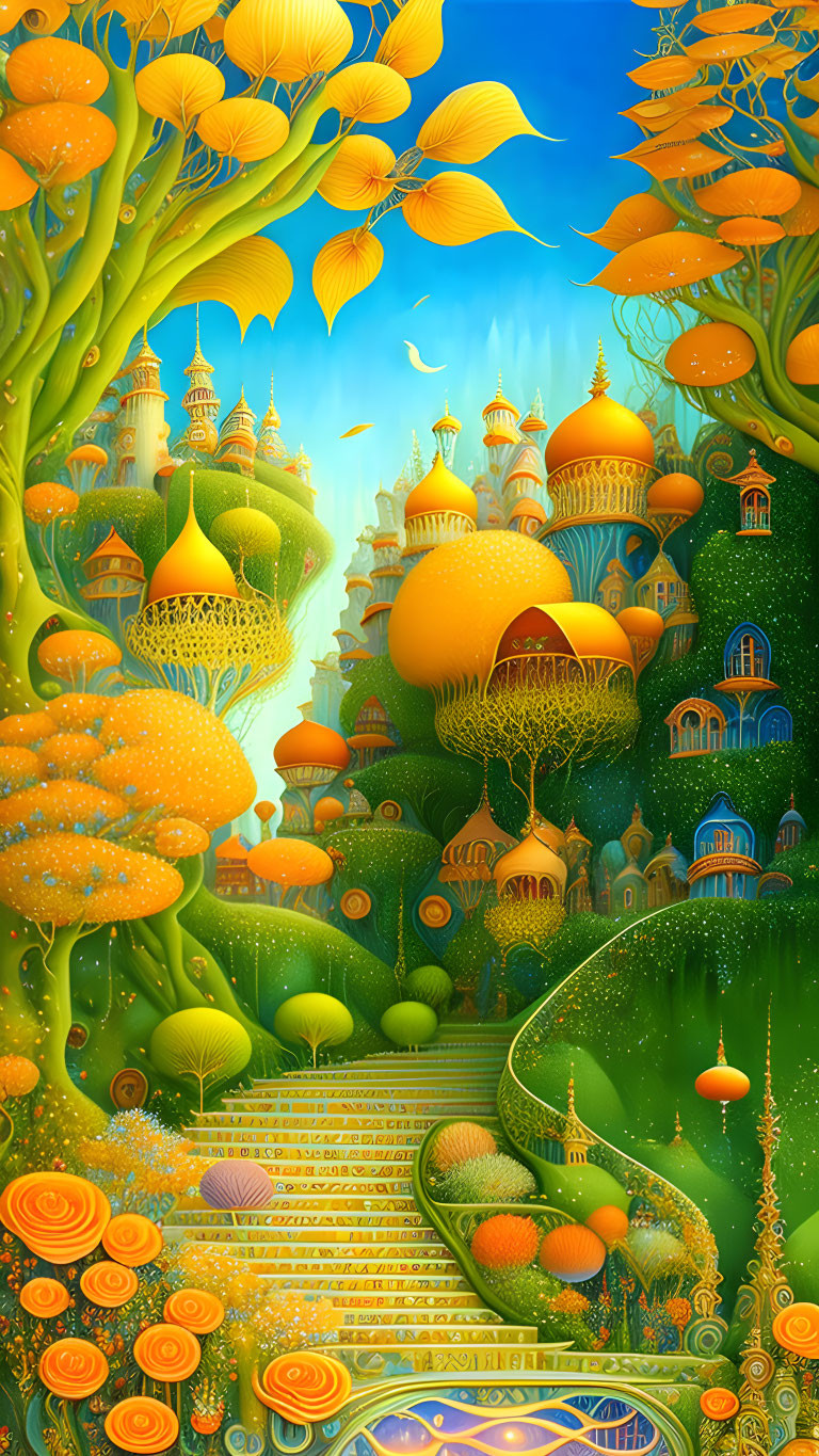 Fantasy tree city illustration with golden foliage and blue-gold buildings