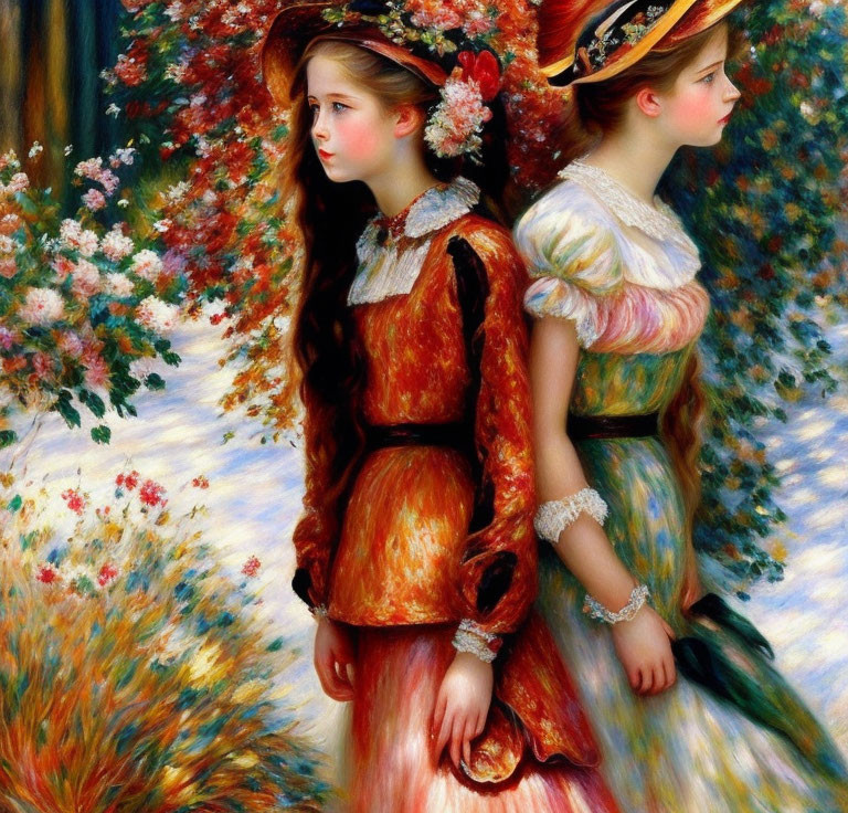 Victorian-era girls in colorful dresses and hats among blooming flowers