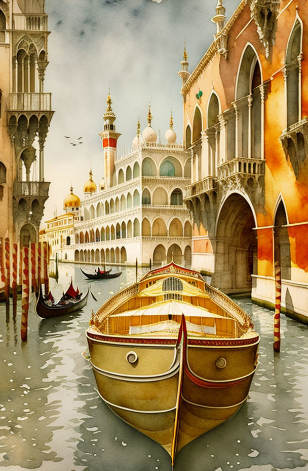 Venetian canal painting with gondola and historic architecture.