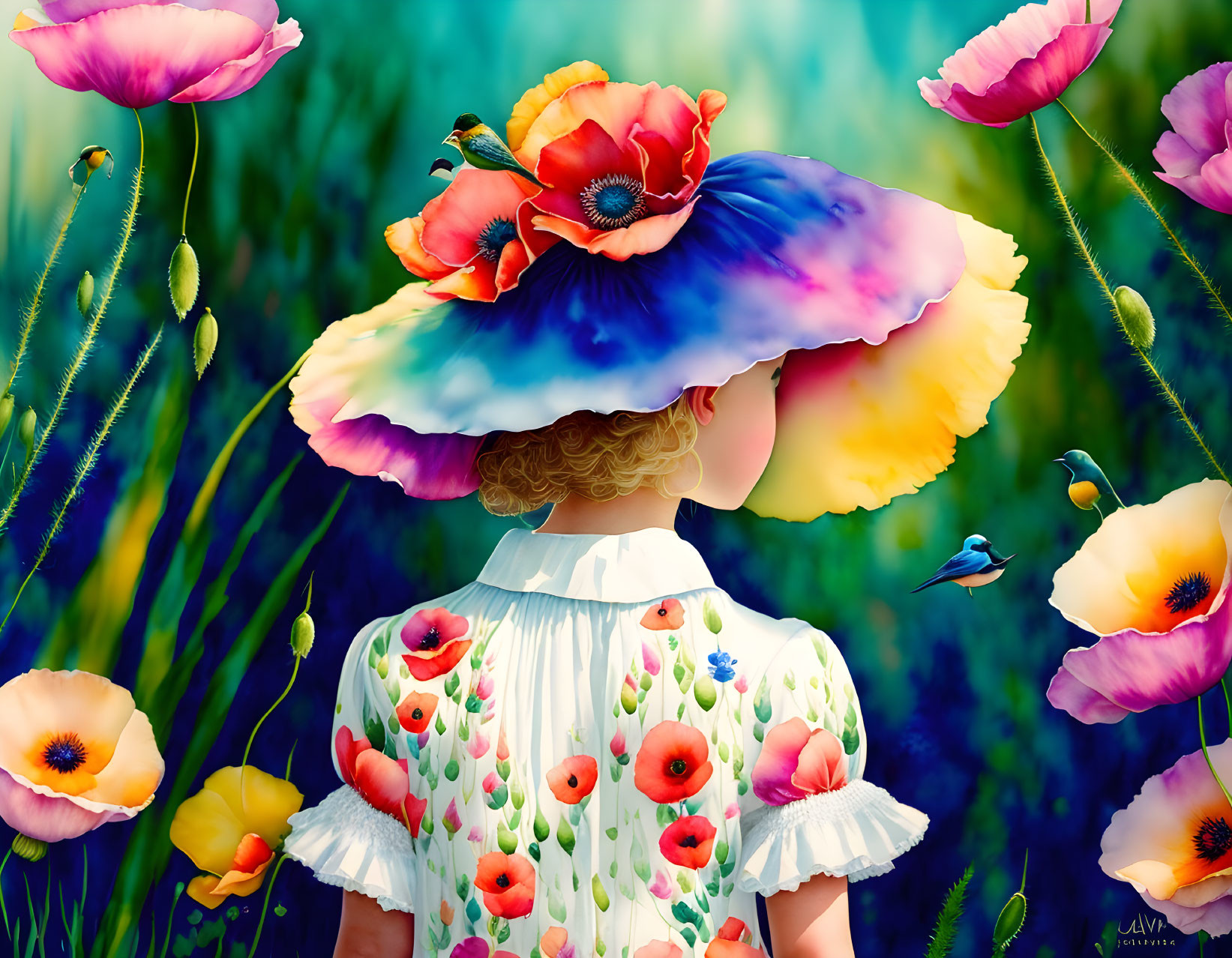 Blonde child in floral dress and flower hat among vibrant poppies with bluebird