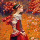 Young girl in vintage floral dress surrounded by impressionistic flowers