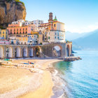 Peach-Colored Buildings and Sailboats in Coastal Town