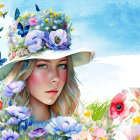 Portrait of girl with blue eyes in flower-adorned hat, butterflies on blue watercolor background