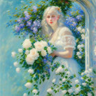 Serene woman in white dress with white roses in lush garden landscape