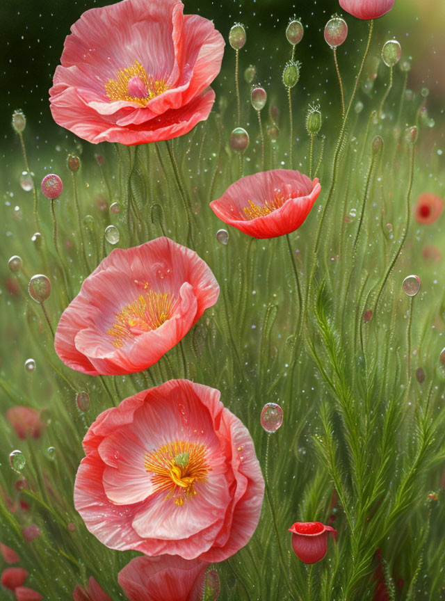 Bright red poppies with delicate petals and water droplets on green stems.