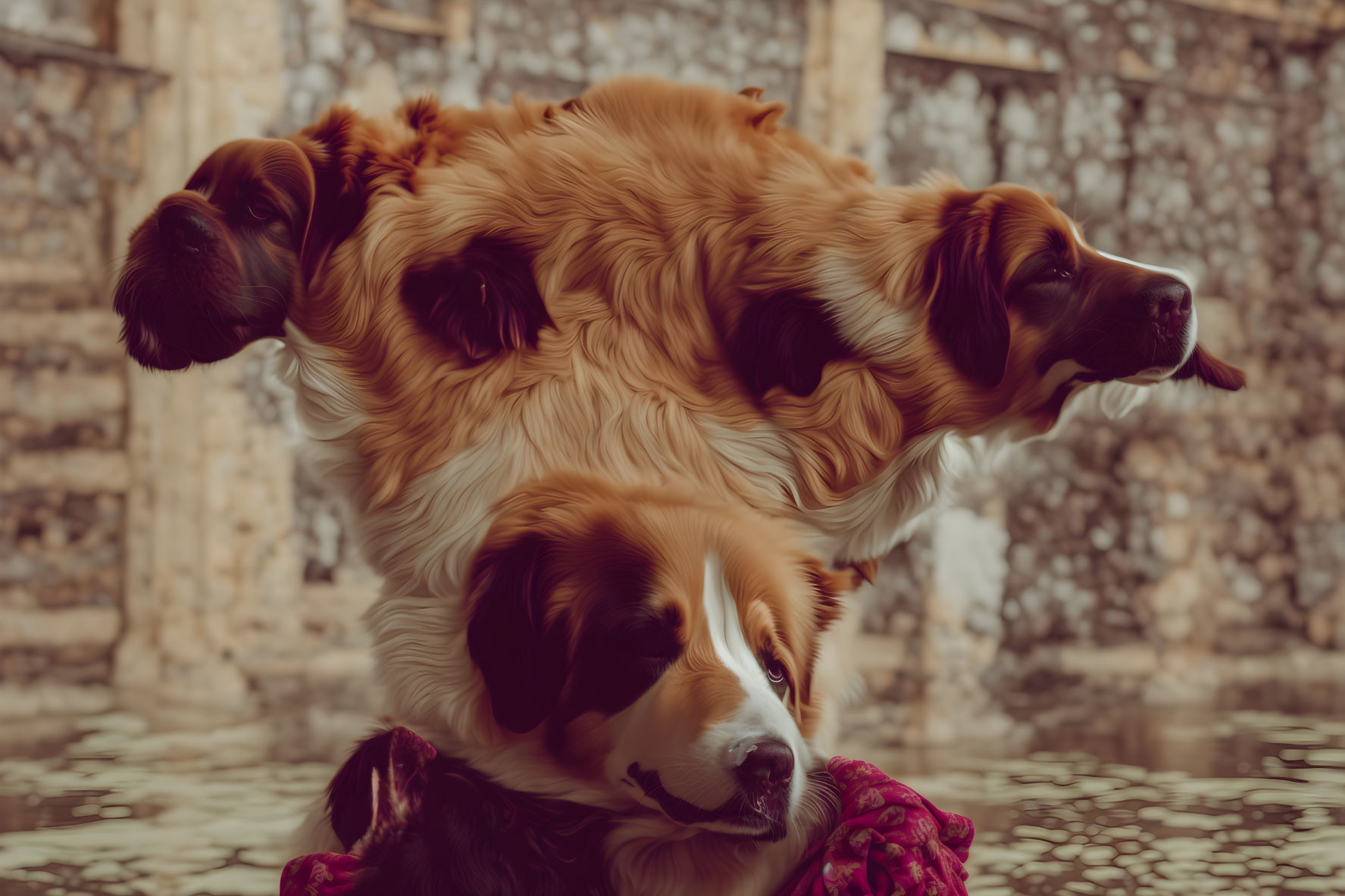 Two St. Bernard Dogs Laying with Blurred Natural Background