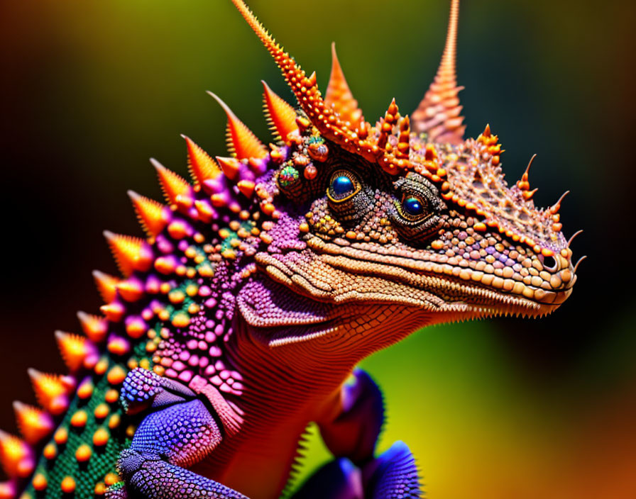 Vibrantly colored spiky reptile with intricate scales and blue eyes