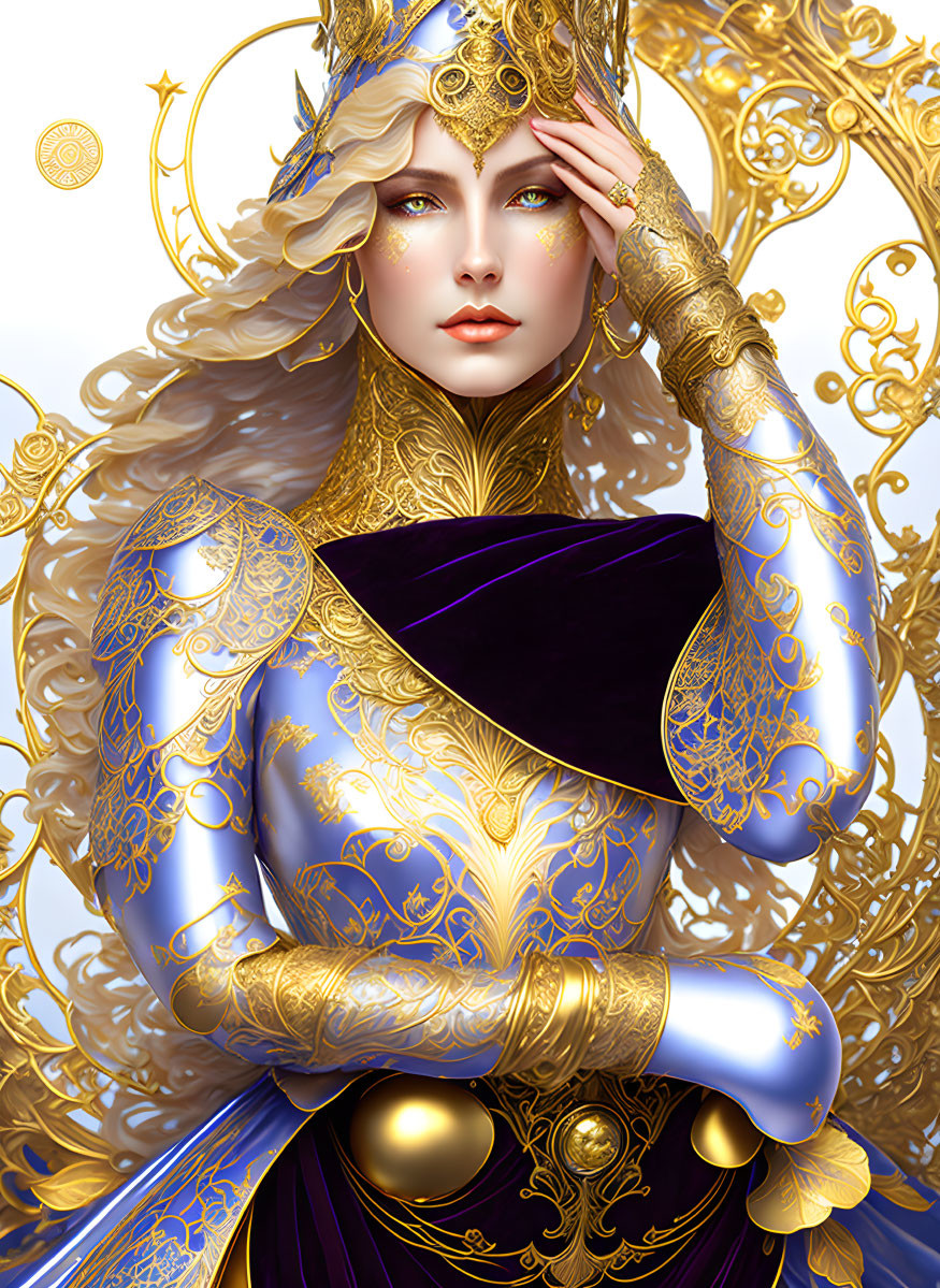 Regal fantasy character in golden armor with purple fabric on intricate gold-patterned background