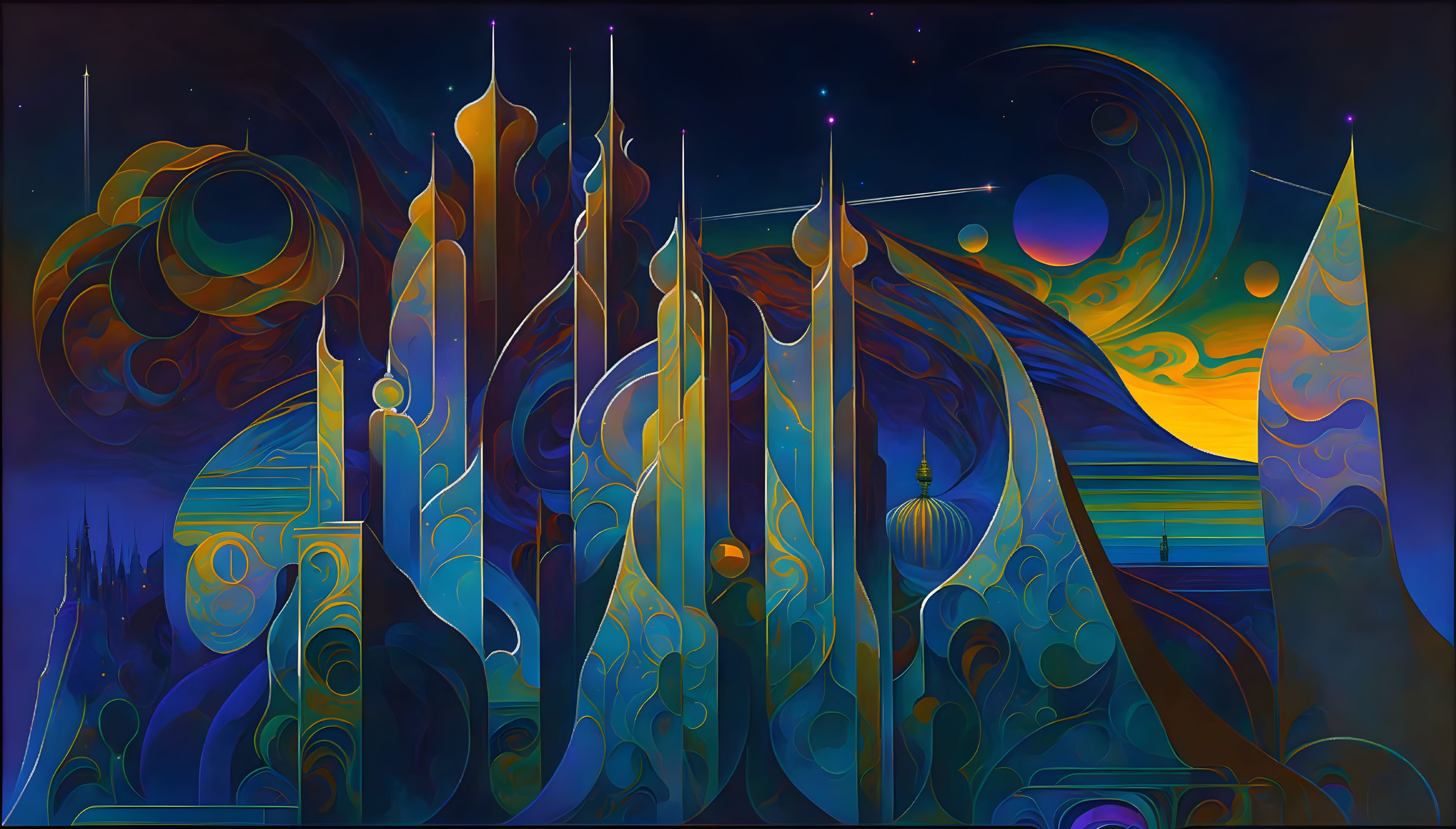 Abstract futuristic digital artwork with vibrant colors and cosmic elements.