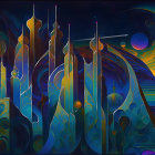 Abstract futuristic digital artwork with vibrant colors and cosmic elements.