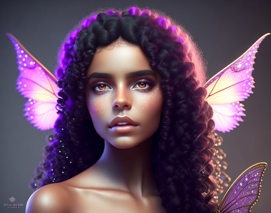 Surreal portrait of woman with purple butterfly wings and glittering freckles