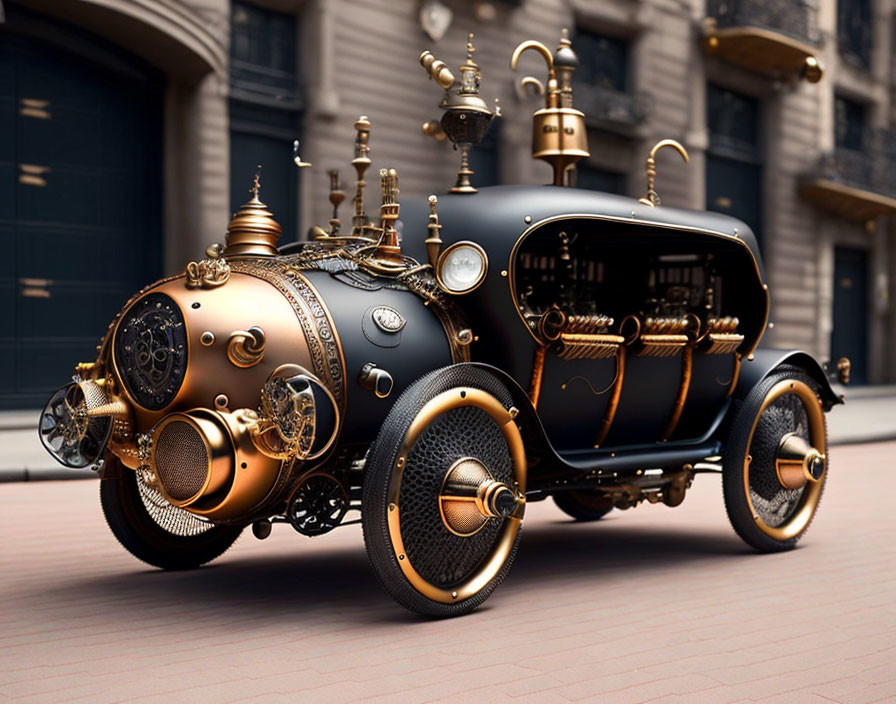 Intricate steampunk-style car with bronze and black detailing