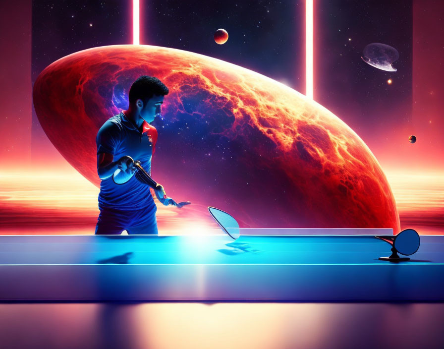 Person playing table tennis with cosmic backdrop featuring red planet, celestial bodies, and interstellar sky.