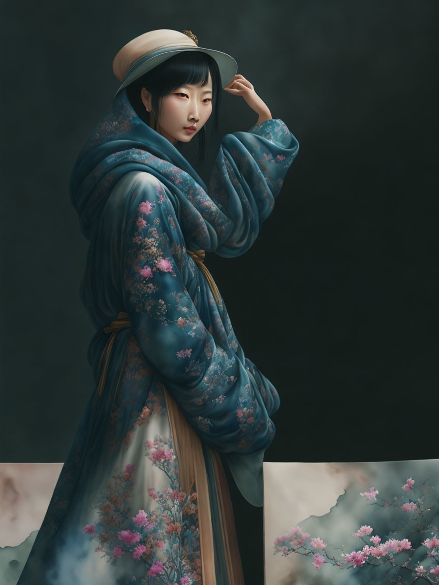 Person in Blue Asian Outfit with Flower Motifs and Hat on Dark Background