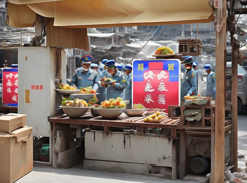 Uniformed Personnel Queue at Street Food Stall with Noodles and Skewered Foods Display