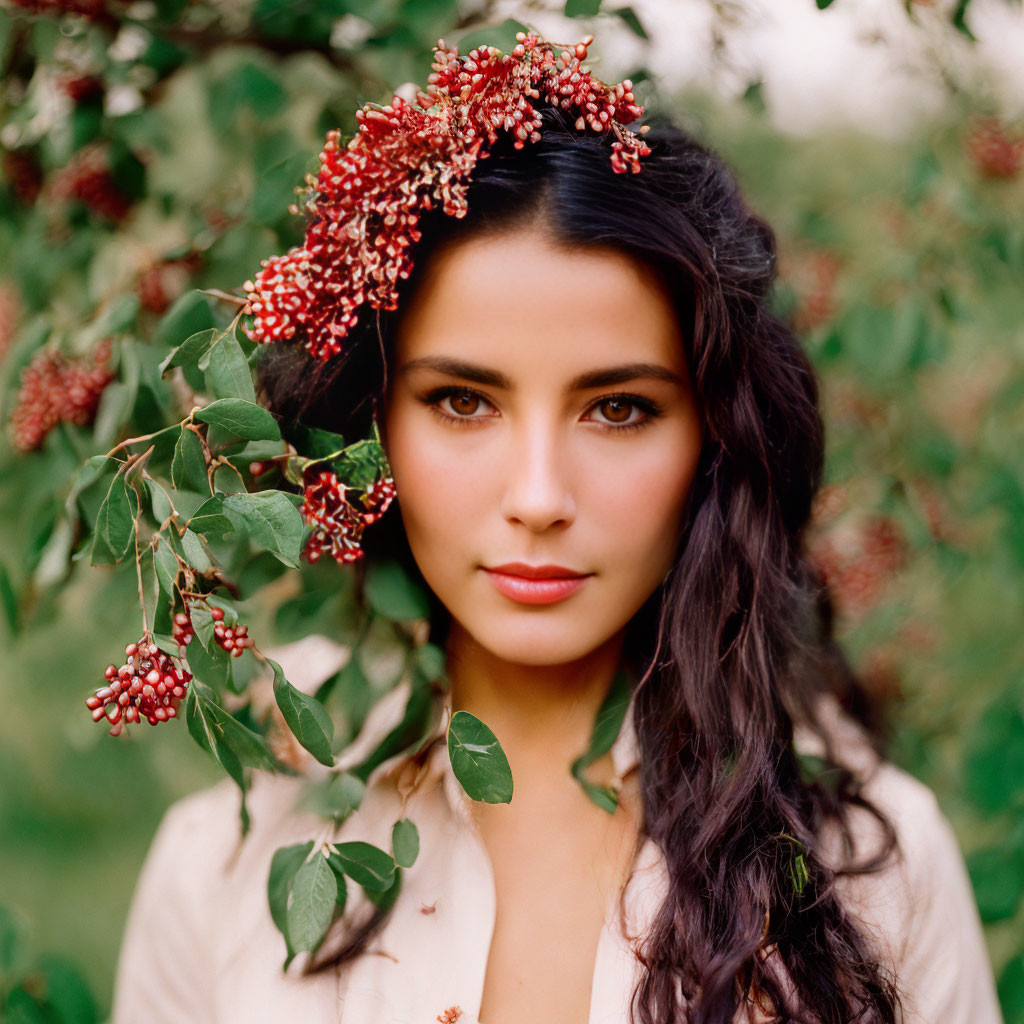 Dark-haired woman with red berries and green leaves in foliage.