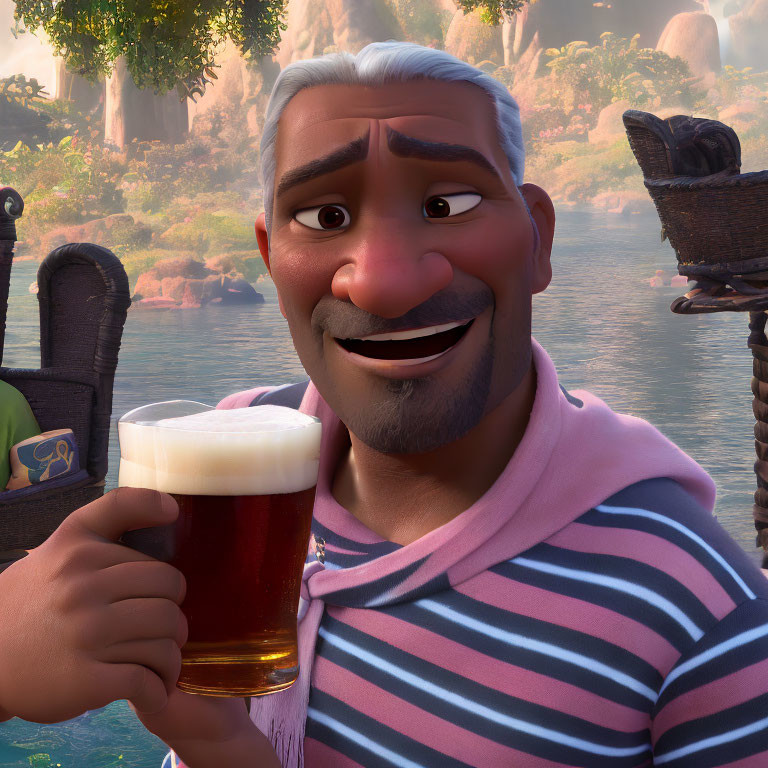 Cartoon character with beer by riverside.