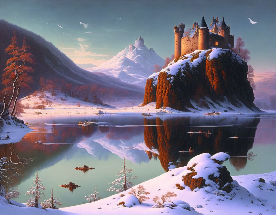 Majestic castle on snowy hill with autumn trees and lake reflection