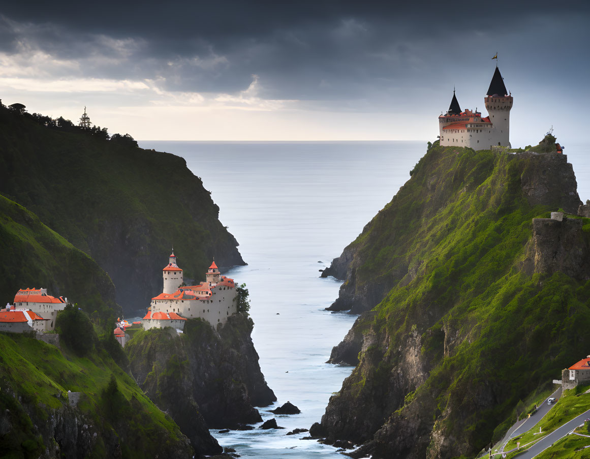 Coastal landscape with castle on rugged cliff overlooking ocean