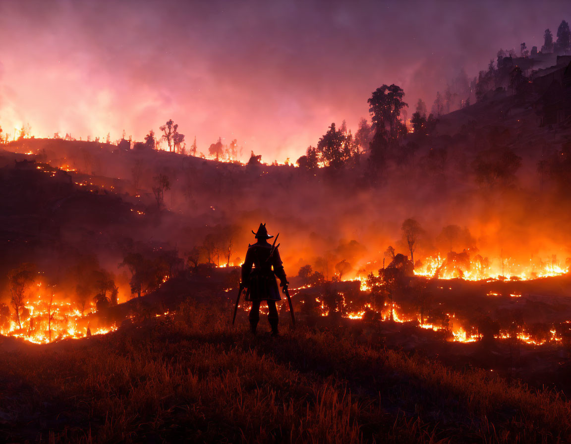 Silhouette against blazing wildfire under purple sky with rising smoke.