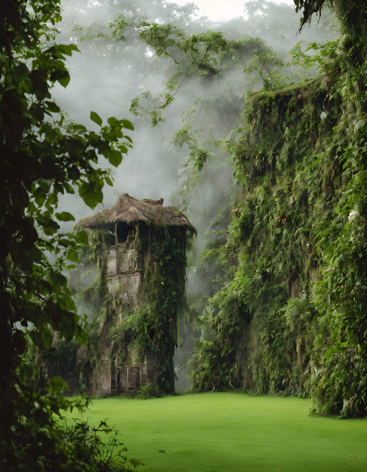 Stone structure with thatched roof in lush forest setting