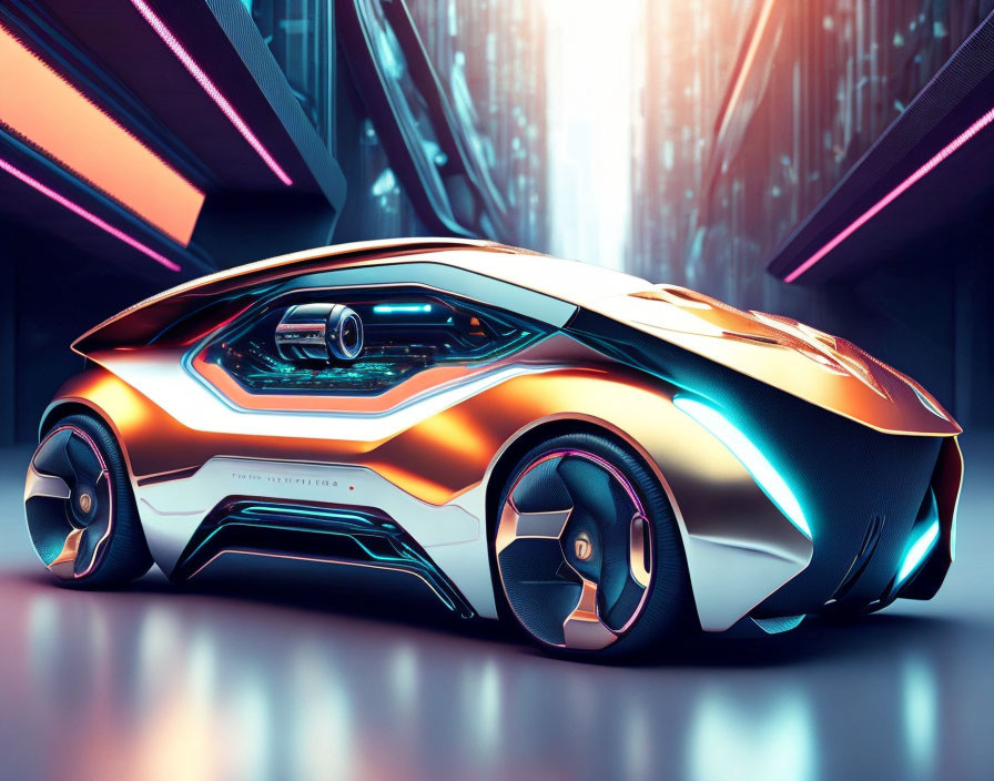 Sleek futuristic concept car with illuminated lines and autonomous driving in neon-lit urban setting