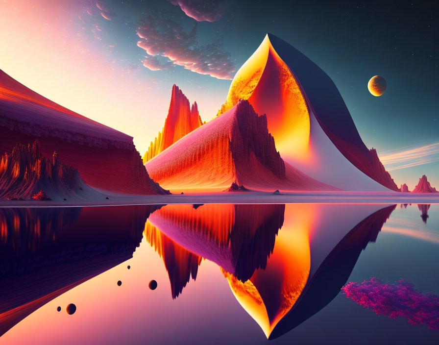 Vivid surreal landscape with mountains, lake, and dreamlike sky