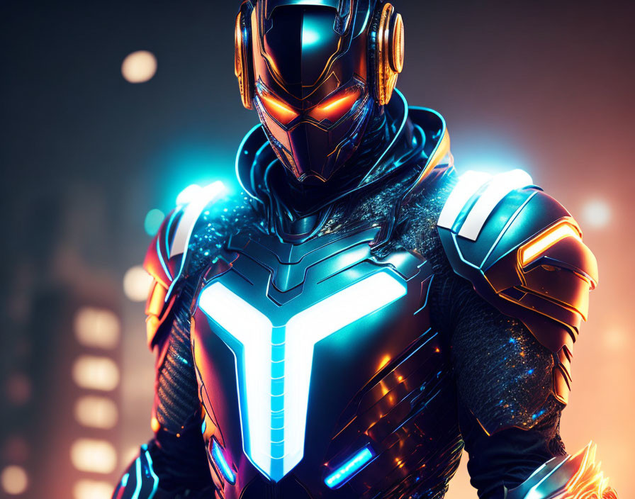 Futuristic armored figure with glowing blue accents in urban setting