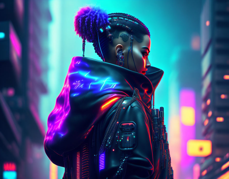 Futuristic cyberpunk aesthetic with neon-lit jacket in vibrant cityscape