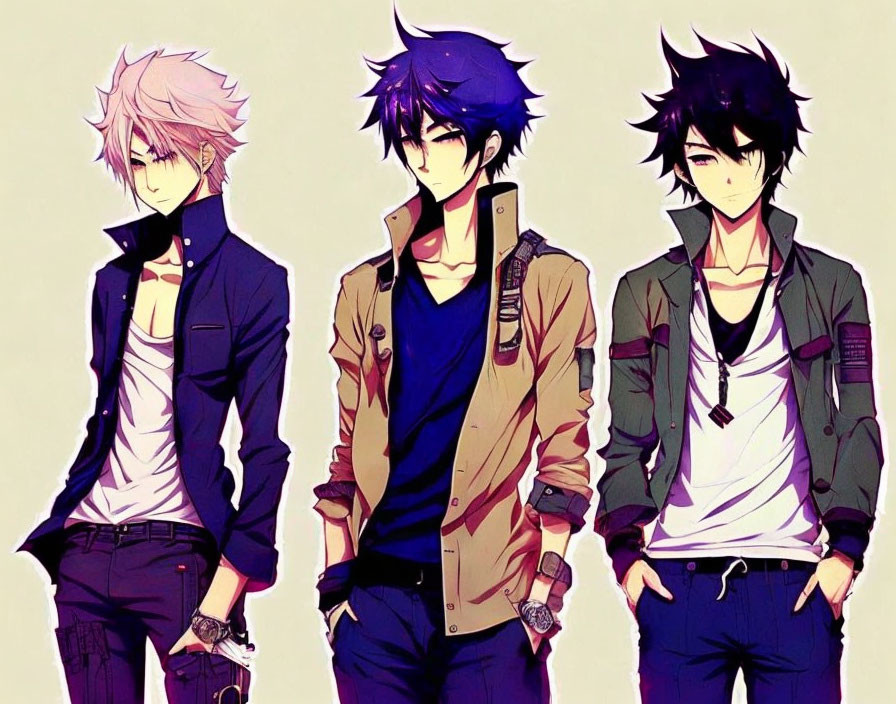 Three animated male characters with distinct hairstyles in modern casual fashion.