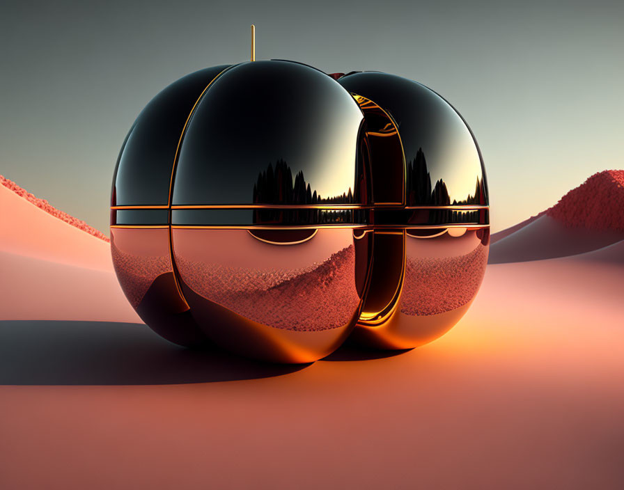 Reflective black sphere with gold accents in split design on pink desert landscape