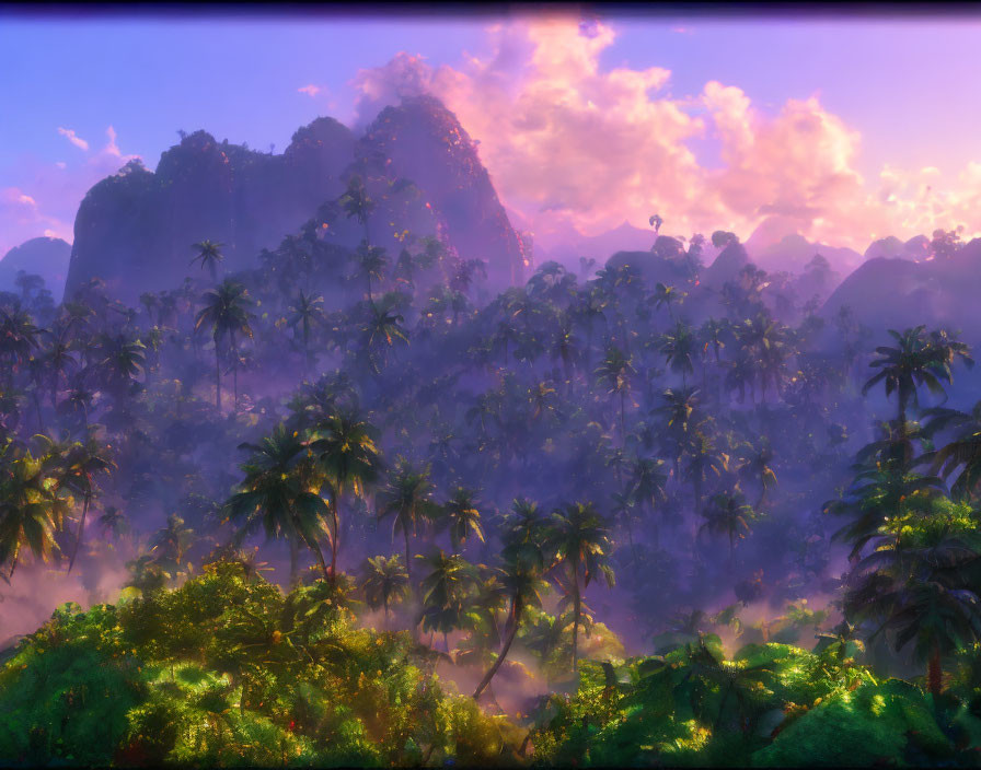 Vibrant tropical rainforest at sunset with mountains & dense foliage