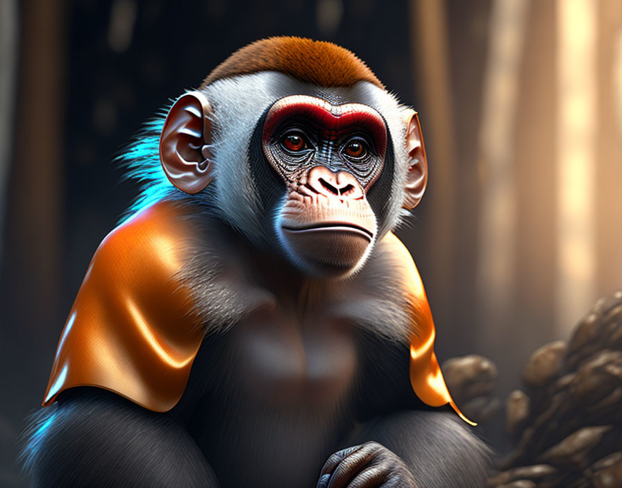 Striking orange fur monkey in digital art portrait