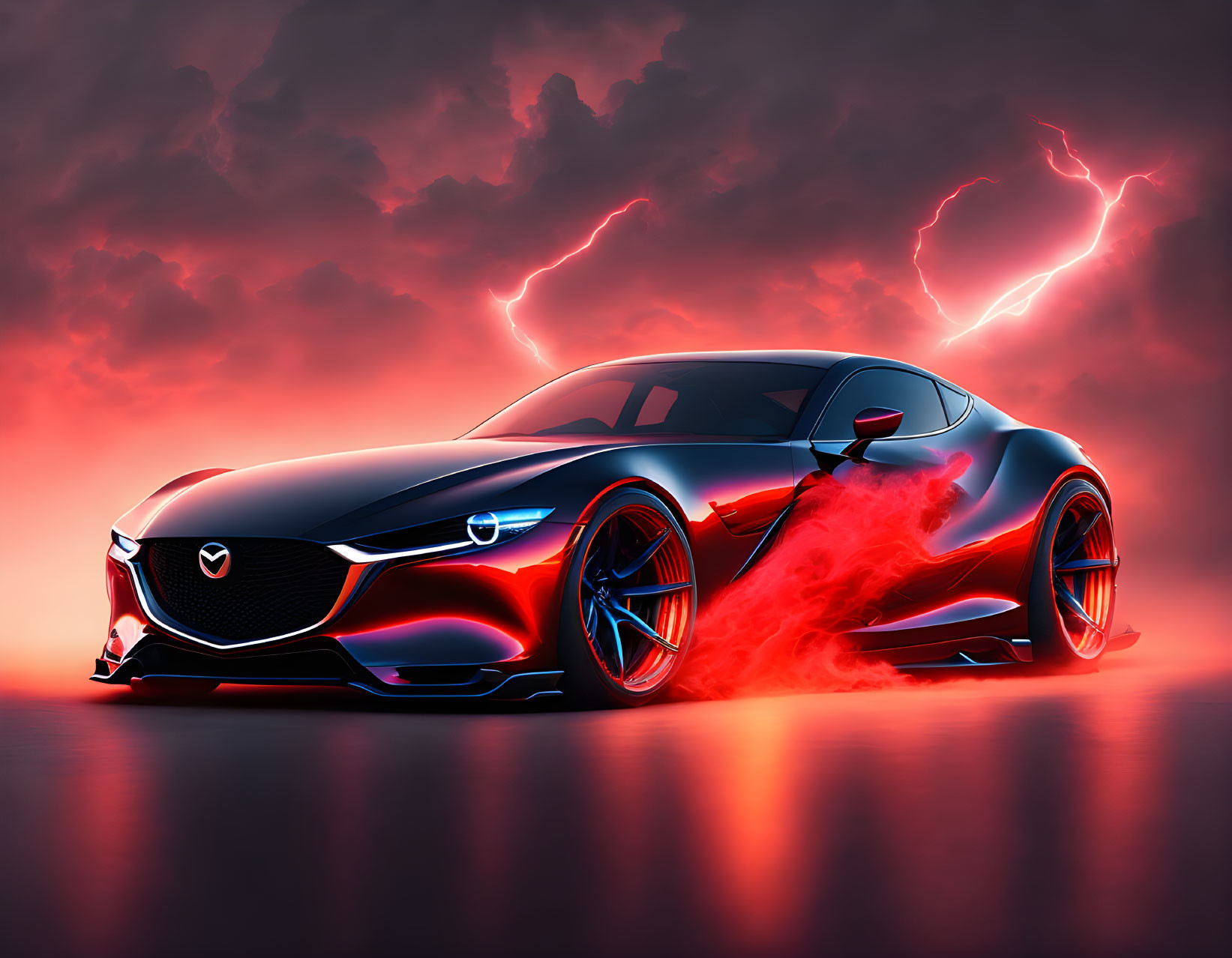 Red Mazda sports car with glowing edges and lightning bolts on red backdrop