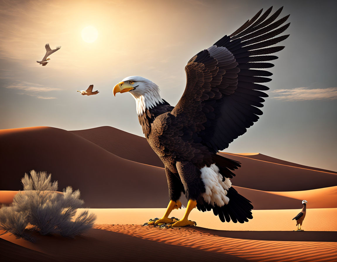 Eagle in desert with dunes, birds flying and walking behind bush