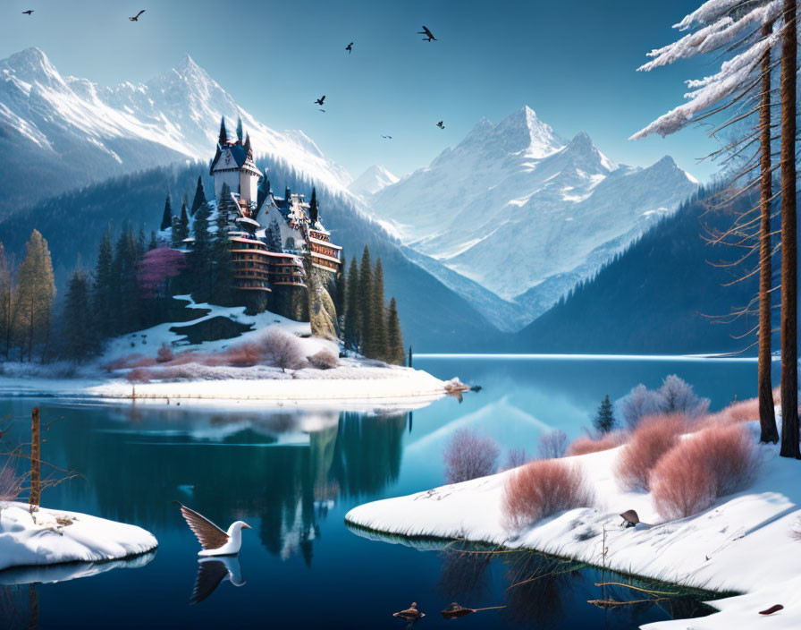 Snowy mountains backdrop fairytale castle by serene lake with birds in sky