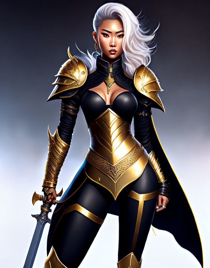 Fantasy warrior woman digital illustration with silver hair and ornate armor