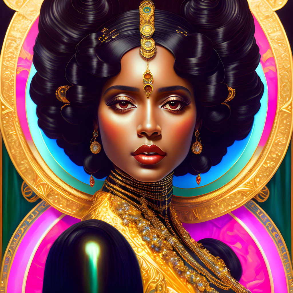Portrait of a Woman with Stylized Afro Hair and Indian Accessories