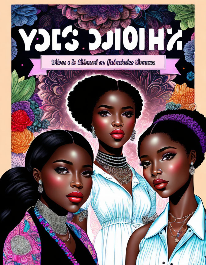 Stylized women with afro hairstyles in vibrant floral setting