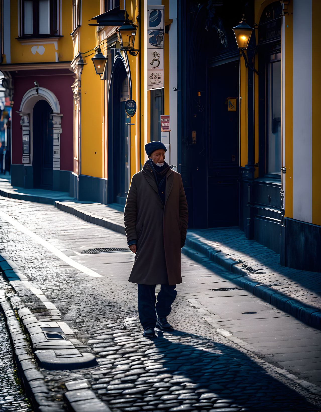 Man in coat and beanie strolling on cobblestone street with colorful buildings